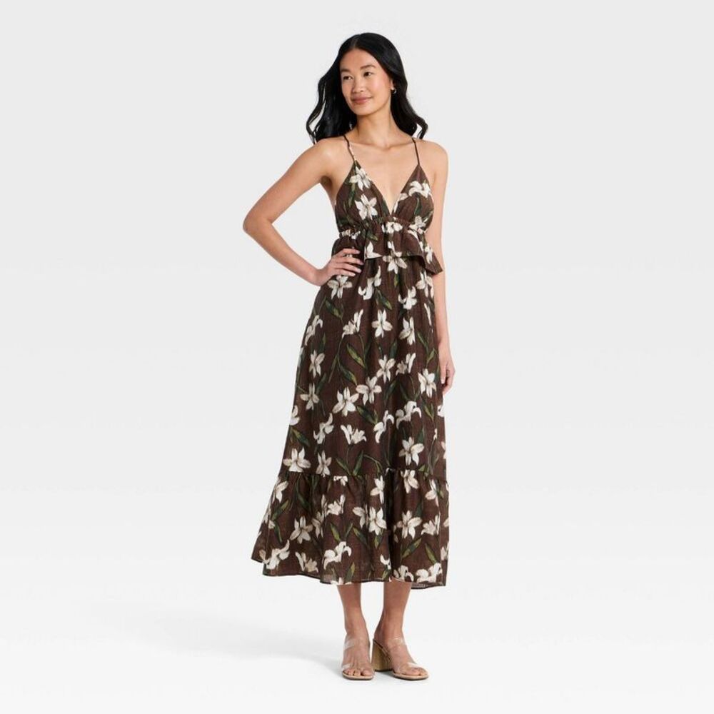 Women'S Ruffle Maxi Dress - Brown S